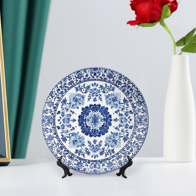 Blue Ceramic Decorative Plate, Chinese Style Decorative Dish with Stand, Blue and White Pottery Bone China Decorative Plates Art Porcelain Plate for Living Room Hallway Table Decor
