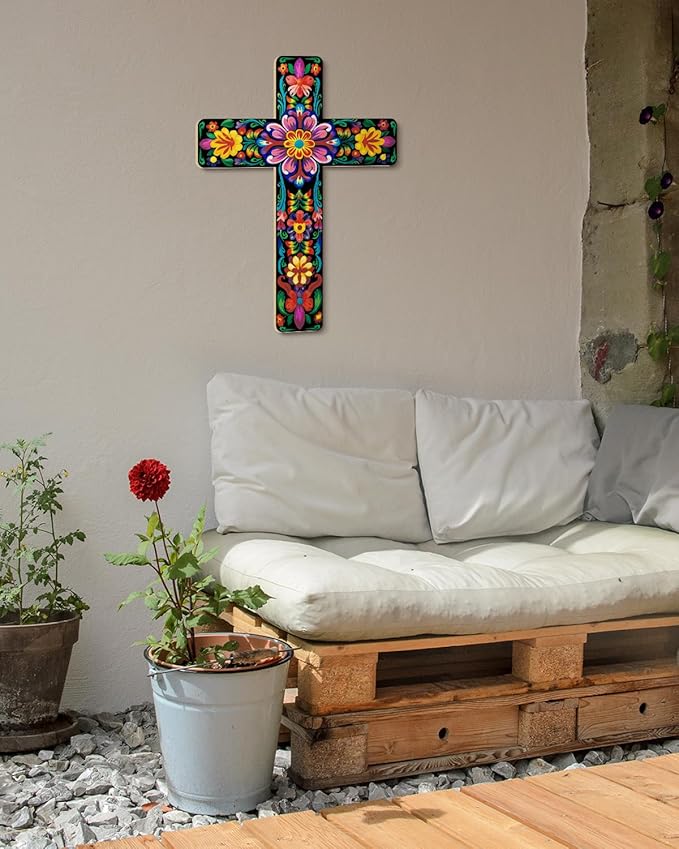 Putuo Decor Floral Cross Wall Decor Painted Decorative Wooden Inspirational Cross Spanish Style Wall Cross Decor Mexican Art Wall Decor Crucifix for Home Room Church Decoration