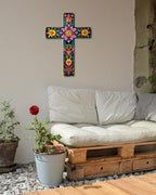Putuo Decor Floral Cross Wall Decor Painted Decorative Wooden Inspirational Cross Spanish Style Wall Cross Decor Mexican Art Wall Decor Crucifix for Home Room Church Decoration