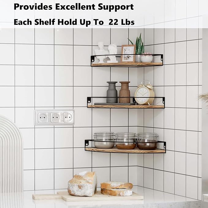 Corner Shelf Wall Mounted, Set of 3 Corner Floating Shelves with Cord Hole and Guardrail for Cable Box, Baby Monitor Pet Cameras, Speaker, Nursery Kitchen Living Room Bathroom, Rustic Brown