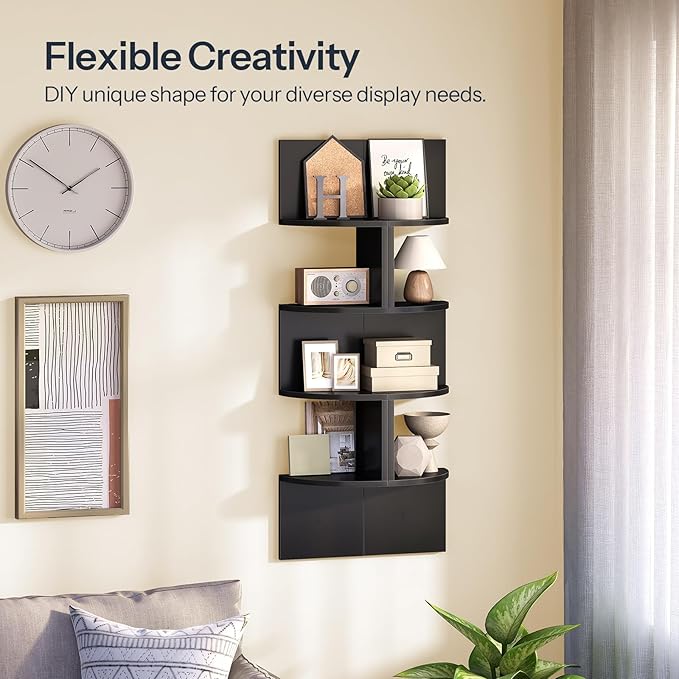 HOOBRO Corner Shelf Wall-Mounted, Set of 2 Floating Corner Shelves for Wall, 4-Tier Corner Bookshelves for Living Room, Bedroom, Bathroom, Home Office, Black BK25BJP201