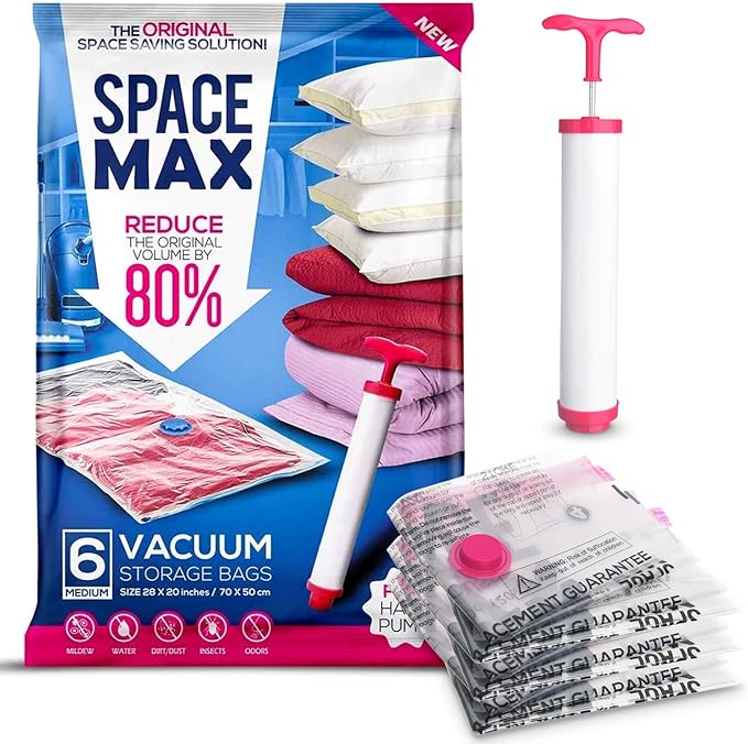 Medium 6 Pack | SPACE MAX Premium Space Saver Vacuum Storage Bags - Save 80% More Storage Space - Reusable, Double Zip Seal & Leak Valve, Includes Travel Hand Pump