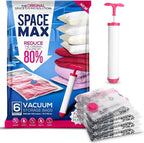 Medium 6 Pack | SPACE MAX Premium Space Saver Vacuum Storage Bags - Save 80% More Storage Space - Reusable, Double Zip Seal & Leak Valve, Includes Travel Hand Pump