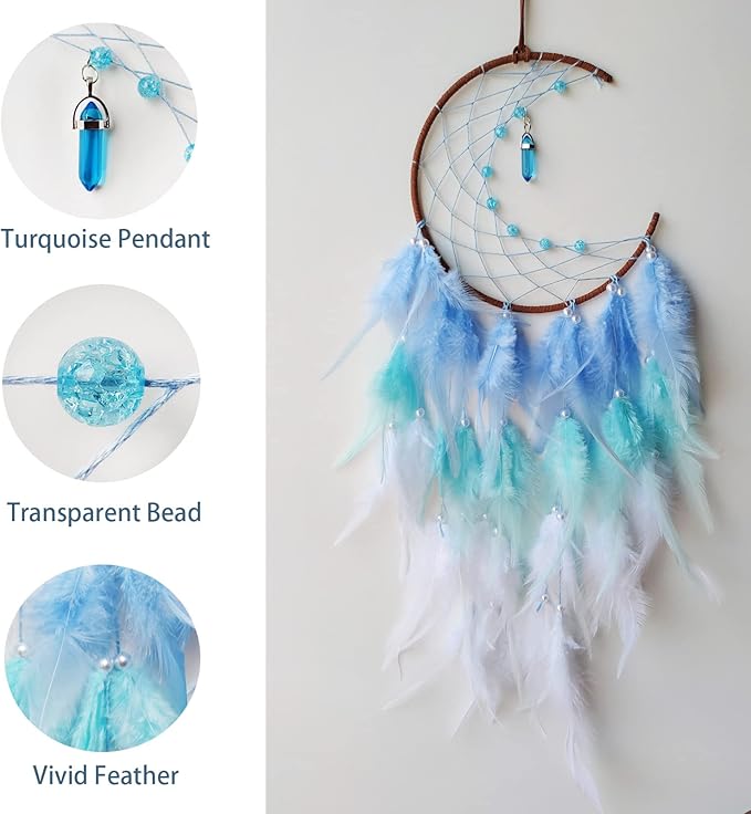 Blue Moon Dream Catcher Wall Decor Feather Dream Catchers with Pendant Handmade Dreamcatcher Wall Hanging Ornament for Bedroom Living Room Home Decor