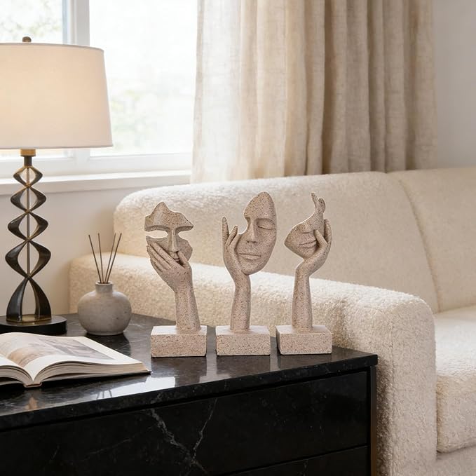 olirum 3 Pcs Thinker Large Statue Set - Resin Sandstone Art Abstract Home Accent Figurines for Living Room, Bedroom, Shelves, Office Desktop, Coffee Table Decor, Gift for Women (3 Pcs Sandstone, 9")