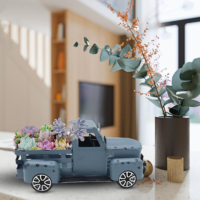 Blue Truck Decor Metal Small Cute Farm Car Decor Vintage Tree Flowers Handcrafted Decor Blue Metal Car Gift Boxes Pickup Truck Model
