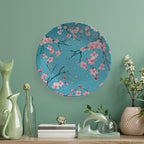 Japanese Spring Theme Decorative Ceramic Plate Round Porcelain Plate,Sakura Tree Branches Pattern,for Decorative Ornaments Giving Plates, 1 Plate with 1 Display Stand,Blue Pink,10 inch