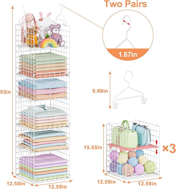6 Tier Raised-Height Hanging Closet Organizer, Stackable Sweater Organizer for Closet, Wire Storage Basket Bins for Clothes Purse Shoes, Hanging Shelves with 4 Hooks & 3 Dividers Adjustable