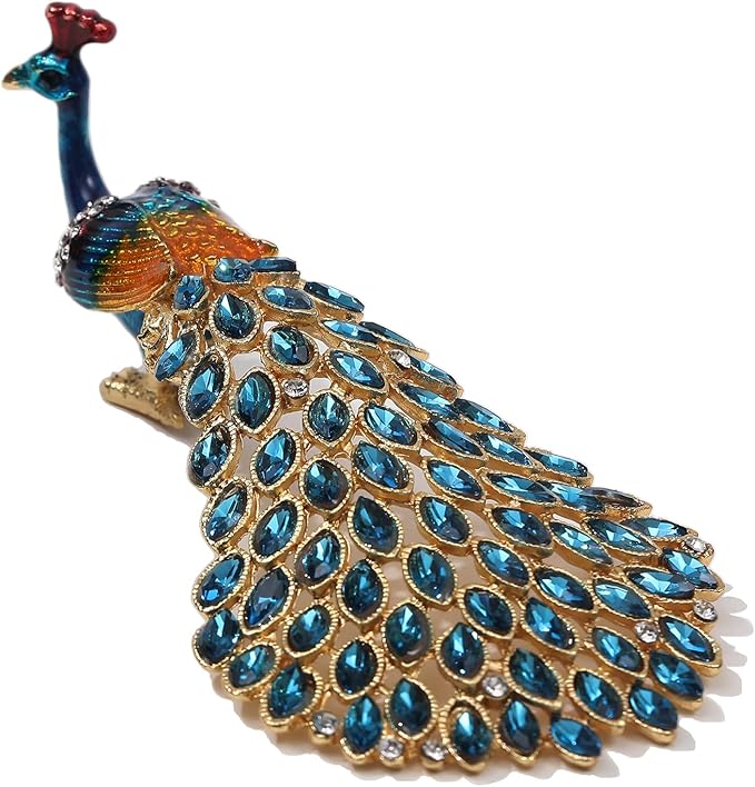 Enameled Peacock Jewelry Box - Hand Painted Collectible Figurine with Crystal Rhinestones, Women and Girls for Rings and Earrings Valentine Decor Gifts