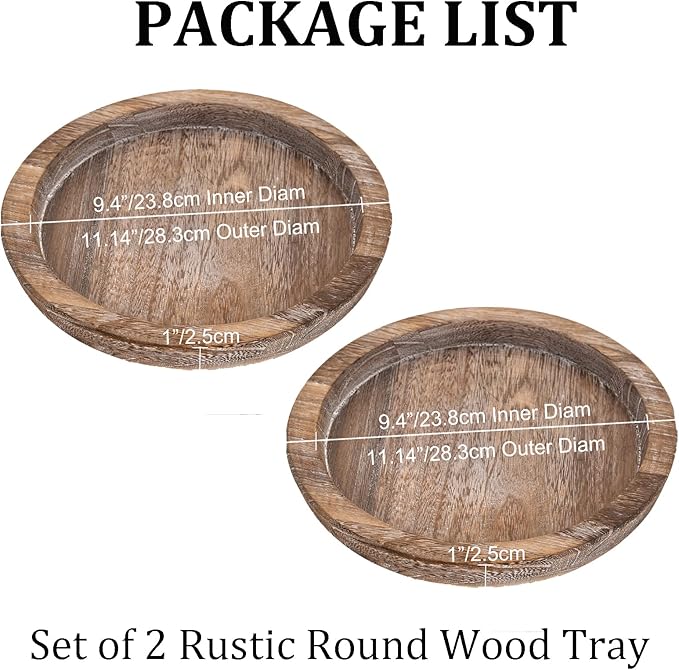 Hanobe Rustic Wooden Serving Tray: Set of 2 Round Wood Butler Decorative Tray Vintage Centerpiece Candle Holder Trays Farmhouse Ottoman Tray for Kitchen Countertop Home Decor for Coffee Table