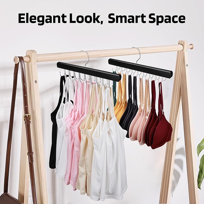 2 Pack Bra Hanger for Closet Organizer, Premium Wooden Tank Top Hangers with 36 Foldable Hooks, 360° Rotating Design, Space Saving Storage for Tank Tops, Bras, Scarves and More, Black