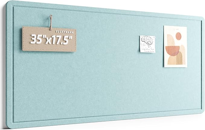Fluxynara Bulletin Board, 35" x 17.5" Cork Board Alternative with 12 Safe Removable Adhesive Tabs, Foldable Felt Pin Board for Home Office, Classroom, Bedroom,Entryway for Walls—Aqua Blue