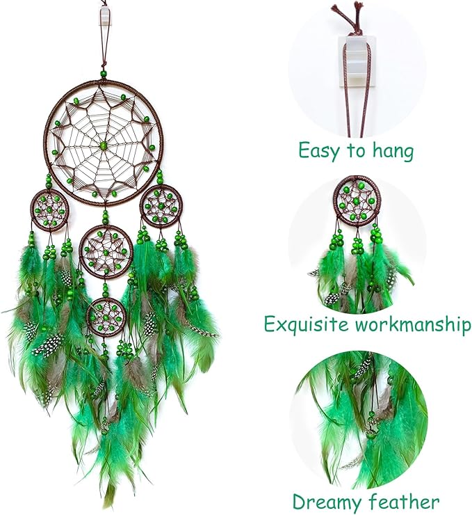Large Dream Catcher Wall Decor Green Dream Catchers with Wooden Bead Handmade Feather Dreamcatcher Wall Hanging Ornament for Bedroom Living Room Home Decor