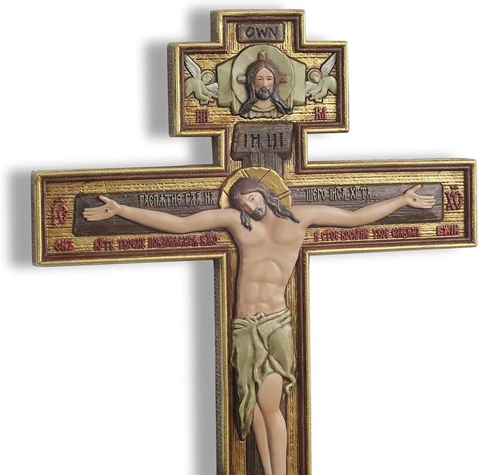DevotedWalls 12" H Hand Painted Traditional Orthodox Cross for Wall,Byzantine-style Religious Crucifix,Traditional Christian Crucifix for Chapel,Church,Office and Home Decor,Orthodox Cross for Prayer Corner Hanging(Hand Painted in Full Color)
