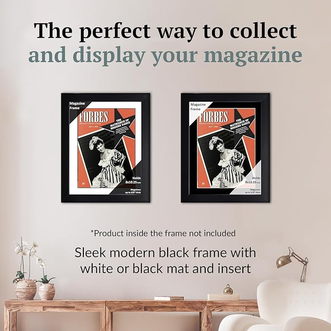 Creative Picture Frames 8 x 10.25 Magazine Frame with Full-Strength Glass, Holds Up To A 1/4" Thick Media with Installed Hangers for Easy Mounting, 11x14 Black Frame with White Mat