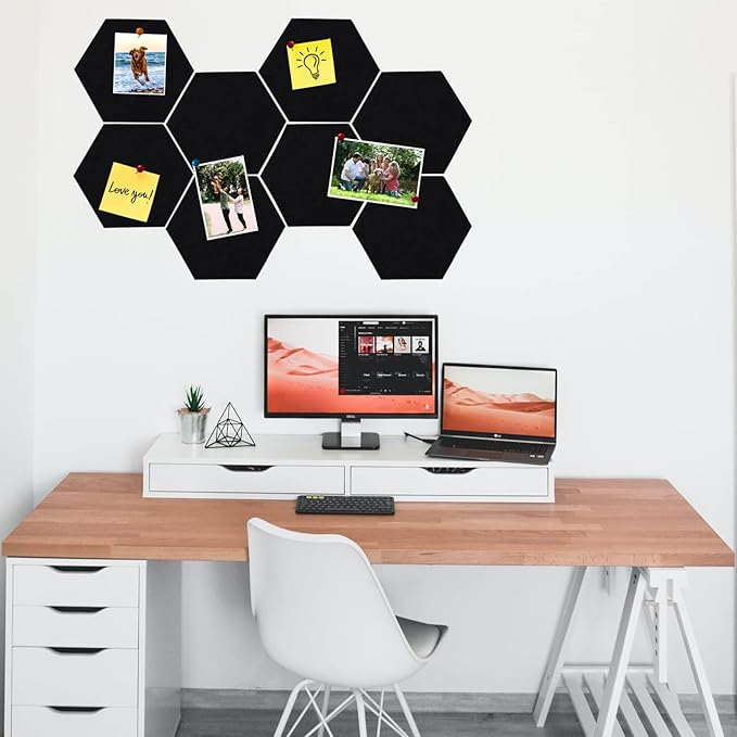 8Pcs Hexagon Felt Cork Board Tiles, Self Adhesive DIY Bulletin Board Pin Board for Office School Home Wall Decor Stickers Memos Photos Display (Black)