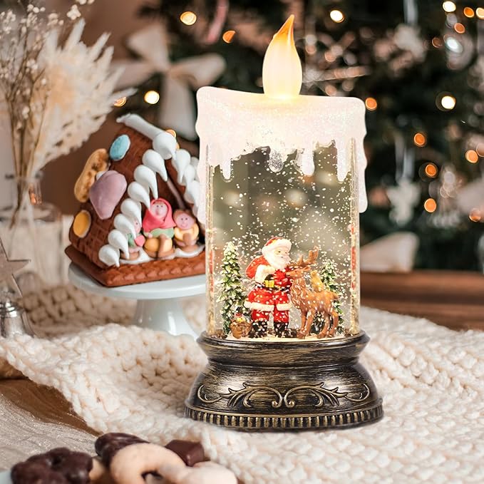 Eldnacele Christmas Music Snow Globe Lantern with 6H Timer, Battery Operated & USB Powered Lighted Santa Claus Reindeer Singing Snow Globe Candle Lamp Spinning Water Glitters Holiday Decor