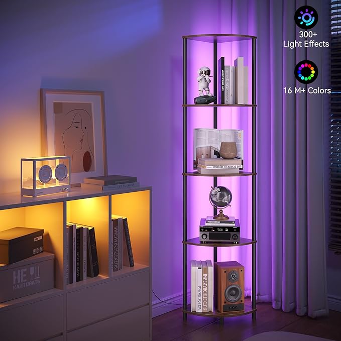 SUNMORY 5 Tier Corner Shelf with LED Light, Industrial 65" Corner Shelves Display Shelf for Living Room Decor, Wall Corner Bookshelf Multi Unit Organizer, Tall Shelf Plant Stand for Bedroom, Bathroom