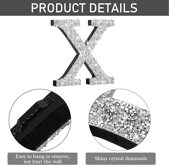 Qunclay 5.7" Silver Crystal Diamond Bling Letters Crushed Diamond Decoration Wooden Glitter Letter with Screw and Hooks Rhinestone Gift for Wedding Y2k Mcbling Bedroom Wall Decor (Letter X)
