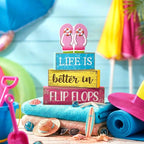Yuntau 4 Pcs Summer Decorations for Home Flip Flops Table Decorations Wooden Sign Beach Table Centerpiece Summer Tiered Tray Decor Decorative Faux Book Stack Block for Office Coffee Mantel Shelf