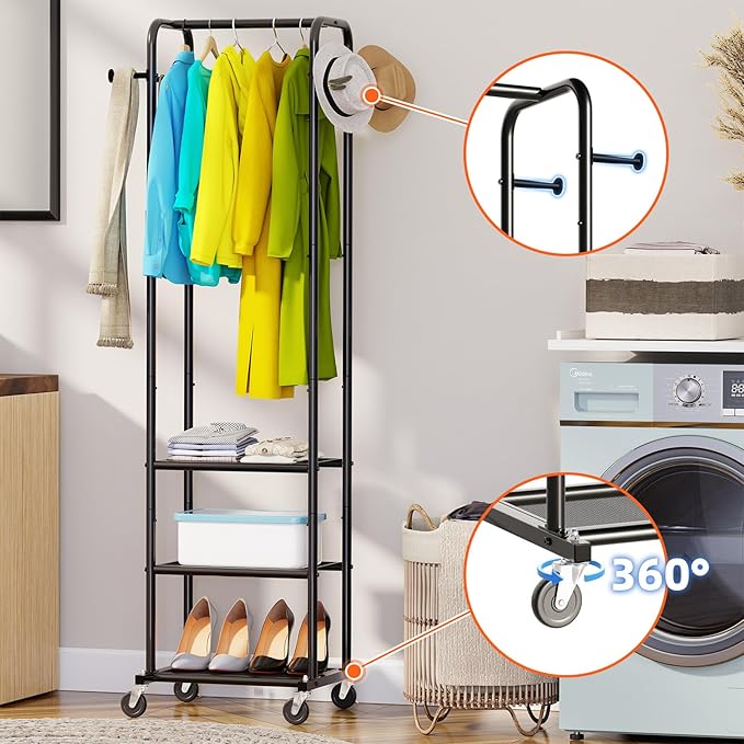 Heavy Duty Clothing Rack with Wheels, Modern Garment Rack with 3 Metal Shelves, Black
