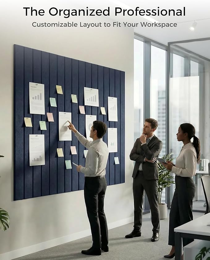 Aothia 12-Pack Felt Bulletin Board Tiles - 48x36 Modular Pin Board for Walls, 0.2" Thick Cork Board Alternative for Office & Classroom, 70 Adhesive Tabs & 40 Pushpins Included (Navy Blue)