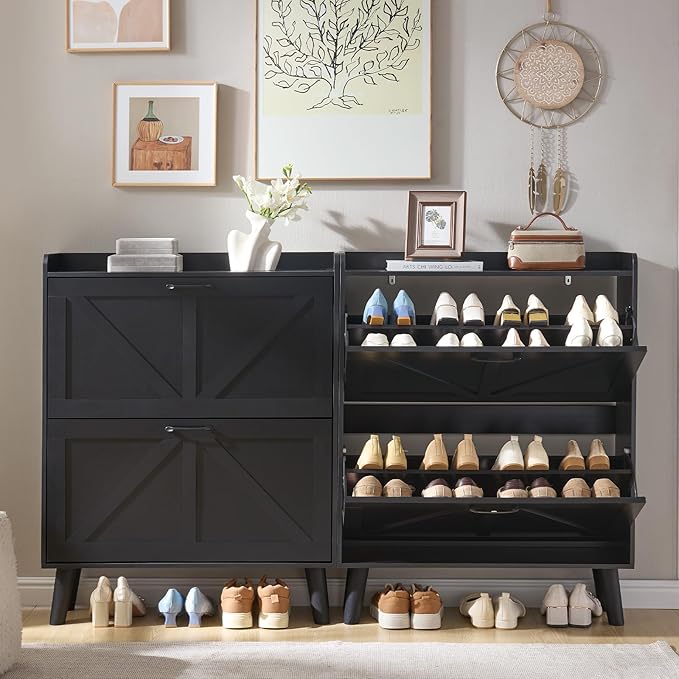 LEYAOYAO Shoe Storage Cabinet with 2 Flip Drawers，Narrow Shoe Storage Cabinet Organizer with Legs for Entryway Hallway, Living Room, Bedroom，Hidden Slim Storage Narrow Shoe Rack Cabinet,Black