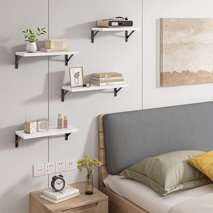 YGEOMER Floating Shelves for Wall, Different Sizes White Wall Shelves for Living Room, Bathroom, Bedroom, Kitchen, Home Decor (Set of 4)