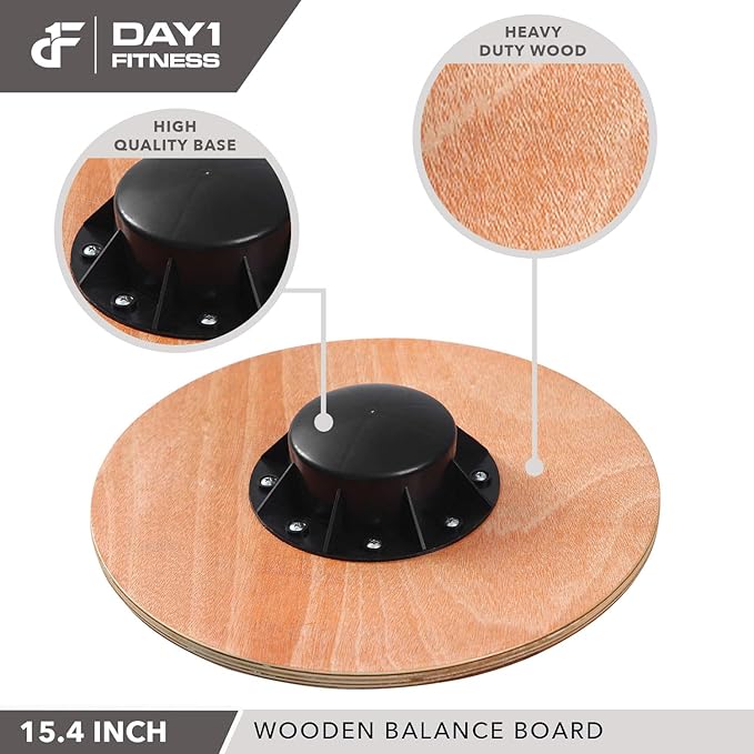 Day 1 Fitness Balance Board, 15.4” – RED - 360° Rotation, for Balance, Coordination, Posture - Large, Wooden Wobble Boards with 15° Tilting Angle for Workouts - Premium Core Trainer Equipment