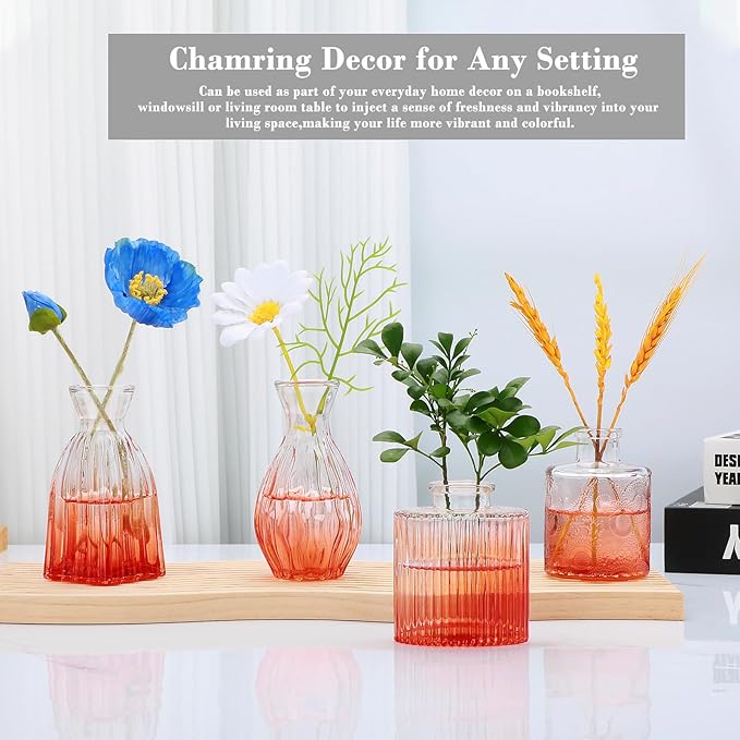 Mapoxy Glass Bud Vases Set of 4,Small Orange Flower Vases for Wedding Centerpiece Table Decorations,Clear Vintage Embossed Mini Vases,Flower Arrangements in Vases for Party or Home Decor