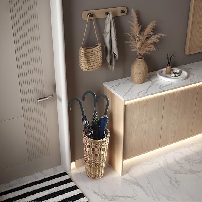 Natural Rattan Umbrella Stand for Entryway, 21.2H x 9.4L x 9.4W, Detachable Drip Tray & 2 Metal Hooks – Storage for Umbrellas, Canes & Walking Sticks, Stylish Home Decor
