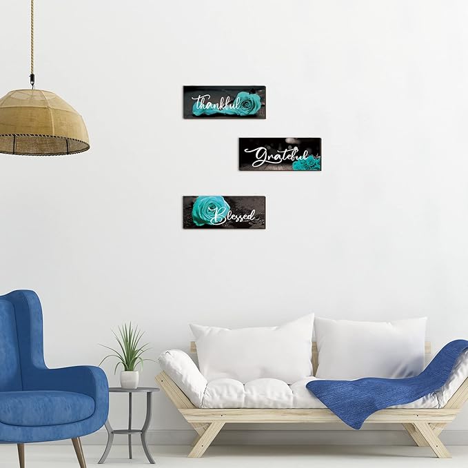 Hillban 3 Pieces Rose Wooden Wall Decor Rose Bathroom Decor Thankful Grateful Blessed Accessories Inspirational Wall Art Signs for Living Room Kitchen Wedding(10 x 4 Inch,Teal)