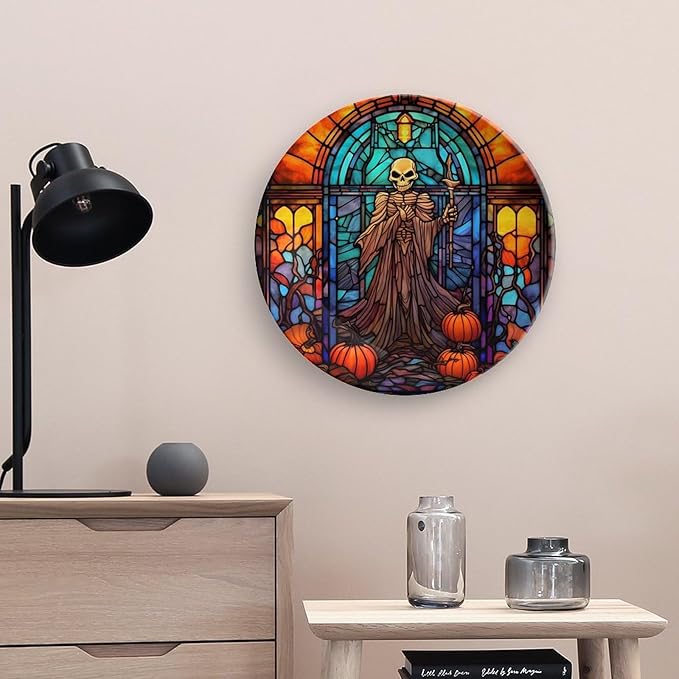 Halloween Spooky Stained Glass Design Decorative Plates Home Decor Ceramic Plates, Dinner Plates Display for Living Room, Kitchen, Hallway Console Side Table, Presents for Halloween, 10 Inch
