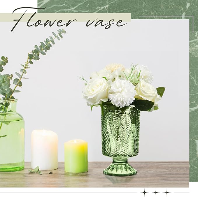 6 Pcs (H:7" W:4") Embossed Flower Vase Pedestal Glass Vase Big Base Thickened Crystal Vintage Vases for Valentines Day Wedding Home Decor Table Centerpiece House Warming Gifts(Green)