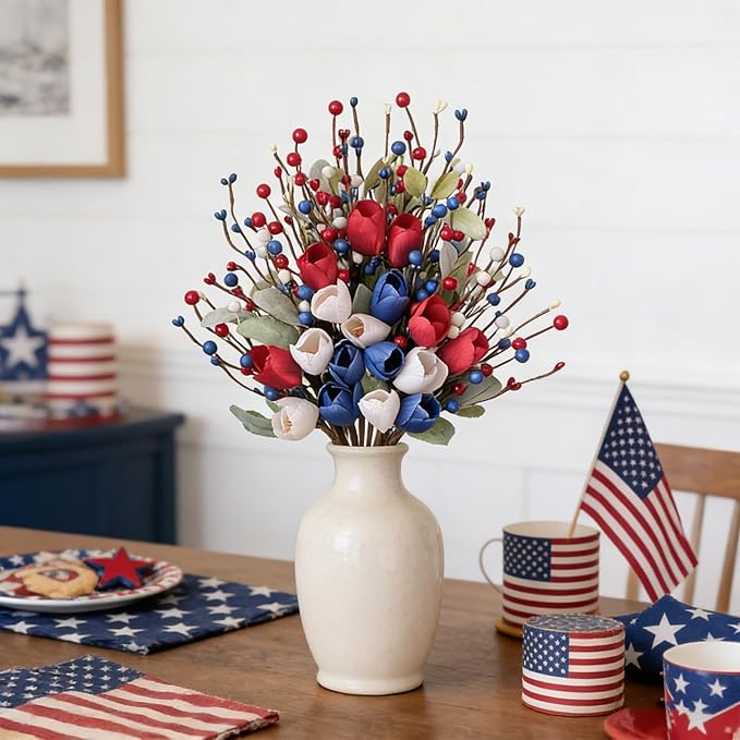 Idyllic 6 Pcs Patriotic Floral Stems with Sage Lamb's Ear, Red White Blue Berries & Tulips | 4th of July Memorial Day Wreath Decor