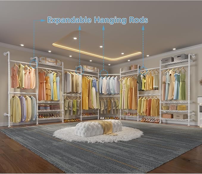 Timate F4 Wall Mounted Clothes Rack Industrial Pipe Clothing Rack for Hanging Clothes, Expandable Garment Rack Heavy Duty Wardrobe Closet Organizer and Storage, Adjustable Industrial Closet Kit, White