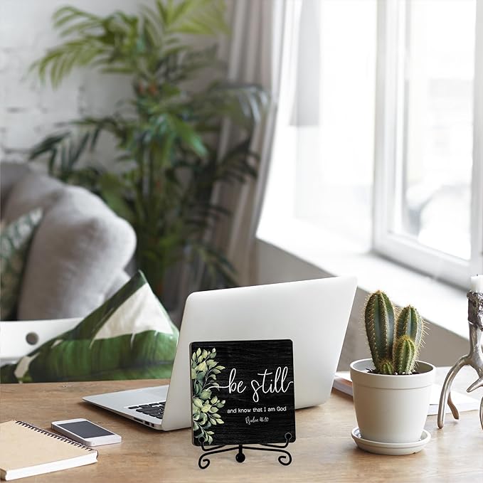 Inspirational Christian Desk Decor, Be Still And Know That I Am God Sign, Desk Decorations For Office Home Living Room Bathroom, Eucalyptus Shelf Decor, Wooden Plaque With Stand (01)
