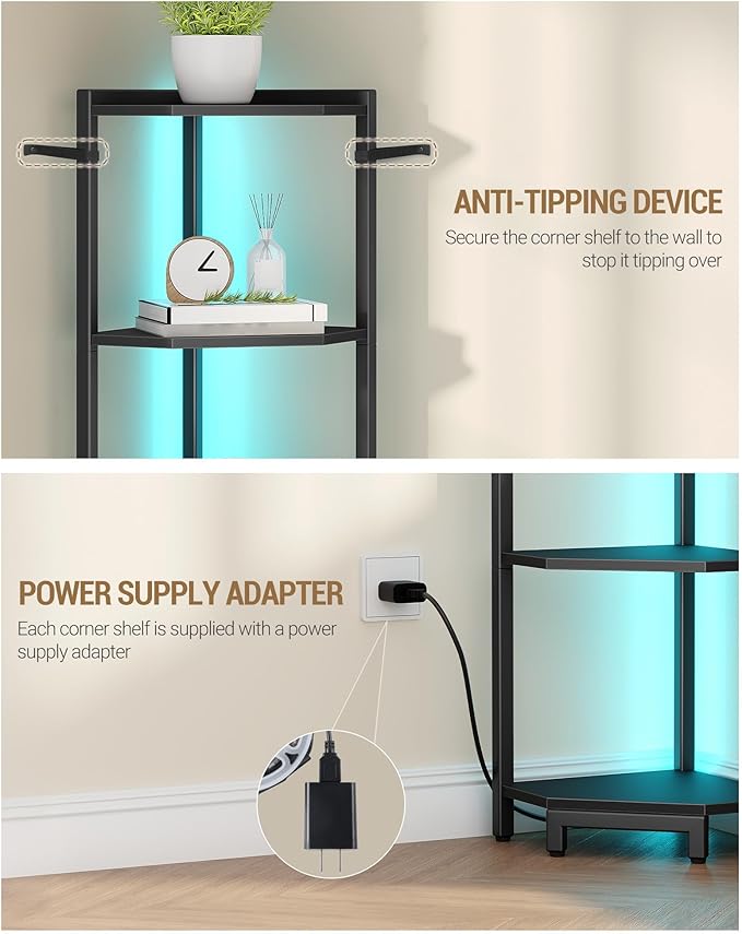 Hzuaneri Corner Shelf with LED Light, 6-Tier Corner Bookshelf, Tall Narrow Display Bookcase with Metal Frame, Standing Shelf for Small Space, Living Room, Home Office, Bedroom, Black CS66606B
