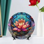 Decorative Plates, Stained Glass Design Gothic Mandala Lotus Ceramic Dinner Plate Home Wobble-Plate with Display Stand, Wall Hanging Decor for Kitchen Household 8 Inch, Gifts for Lotus Lover