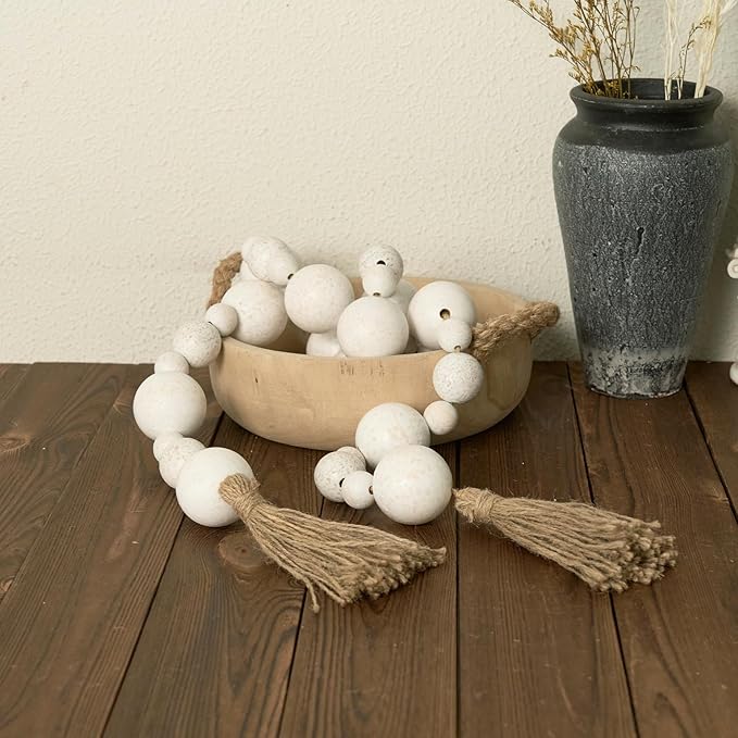 2" Extra Large Wood Bead Garland with Tassels, 75" Long Rustic Farmhouse Wooden Beads Garland, Decorative Beads Boho Decorations for Home Table Mantle White