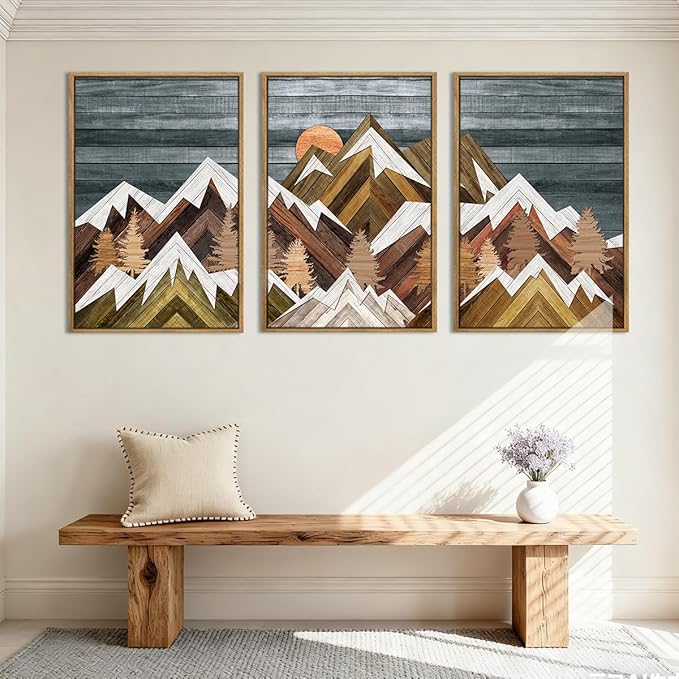 BINCUE Rustic Mountain Canvas Wall Pictures Framed Mountain Wall Art Nature Landscape Artwork Boho Mountain Wall Decor Farmhouse Paintings Rustic Landscape Art Prints for Office Living Room Bedroom 16x24 Inches Set of 3