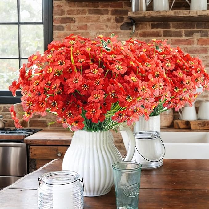 12Pcs UV Resistant Artificial Flowers Artificial Violet Outdoor Decor Realistic Faux Plants Silk Flowers No Fade for Patio Hanging Baskets Garden Pots Farmhouse Yard (Big Red)