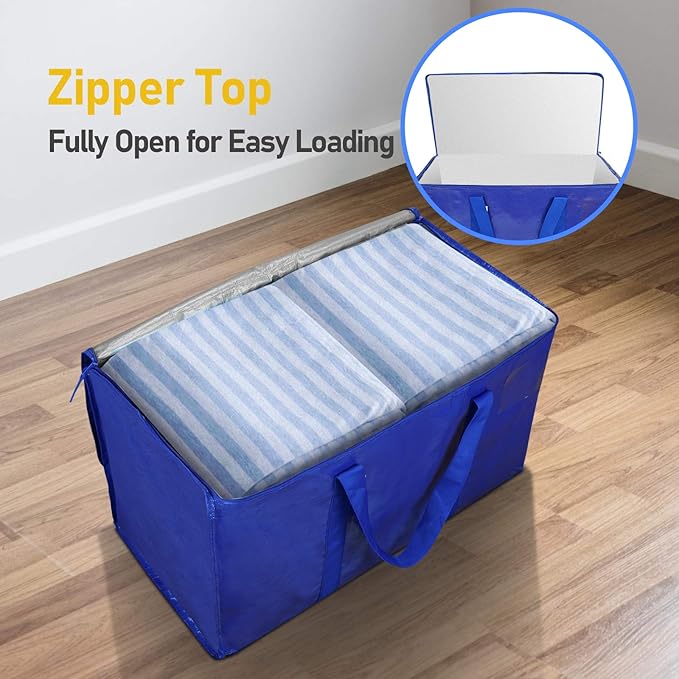 TICONN 4 Pack Extra Large Moving Bags Heavy Duty with Zippers & Carrying Handles, Durable Storage Bags Moving Boxes for Closet Organizers and Storage (4 Pack, Blue)
