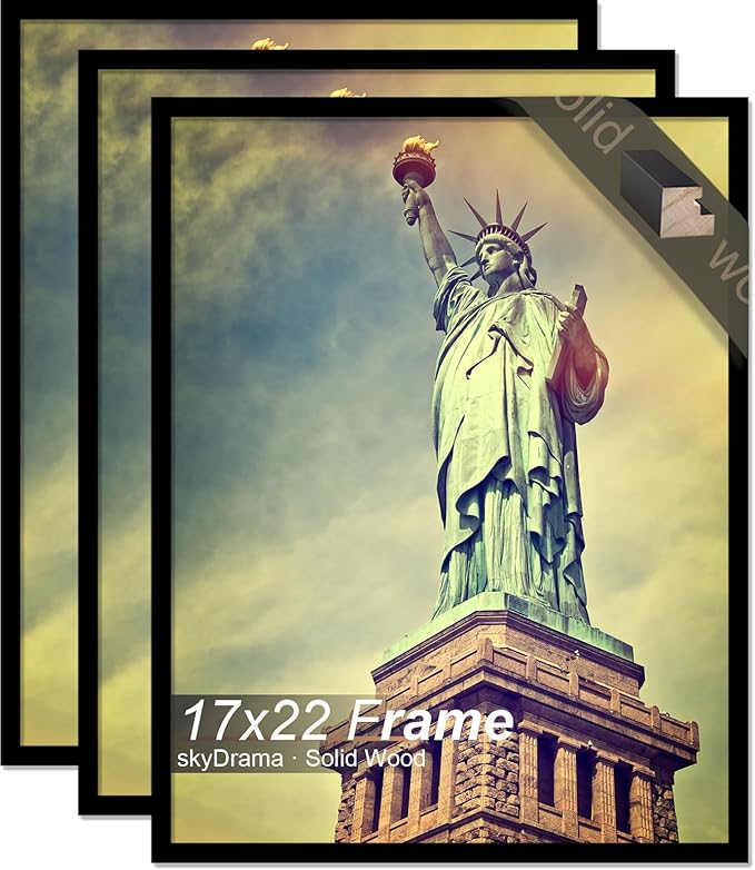100% Solid Wood 17x22 Picture Frame Set of 3, Black Frame for 17 x 22 Inch Picture Poster Photo, Light Weight 17 by 22 HQ Matte Black Frame for Wall - 3 Pack/Black/17 x22
