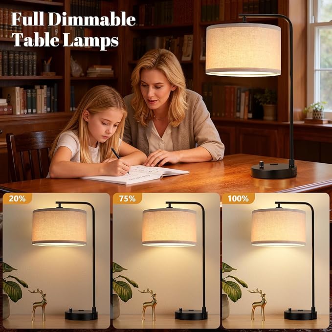 Innqoo Bedside Table Lamps for Bedroom Set of 2-Dimmable Nightstand Lamps with USB Port and Outlet,Modern Black Lamps with Linen Shade,Tall Desk Lamps for Home Office Bedroom Living Room End Table