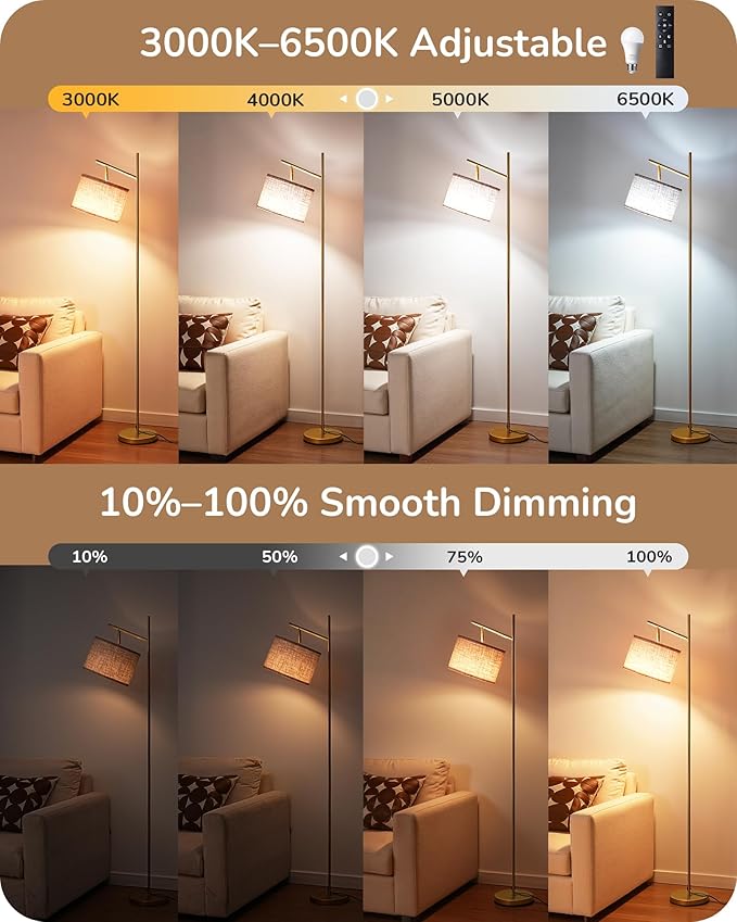 EDISHINE 64.7IN Modern Floor Lamps for Living Room, Dimmable Arc Floor Lamp with Remote, 5CCT & Foot Pedal Switch, Minimalist for Bedroom, Bulb Included, Gold