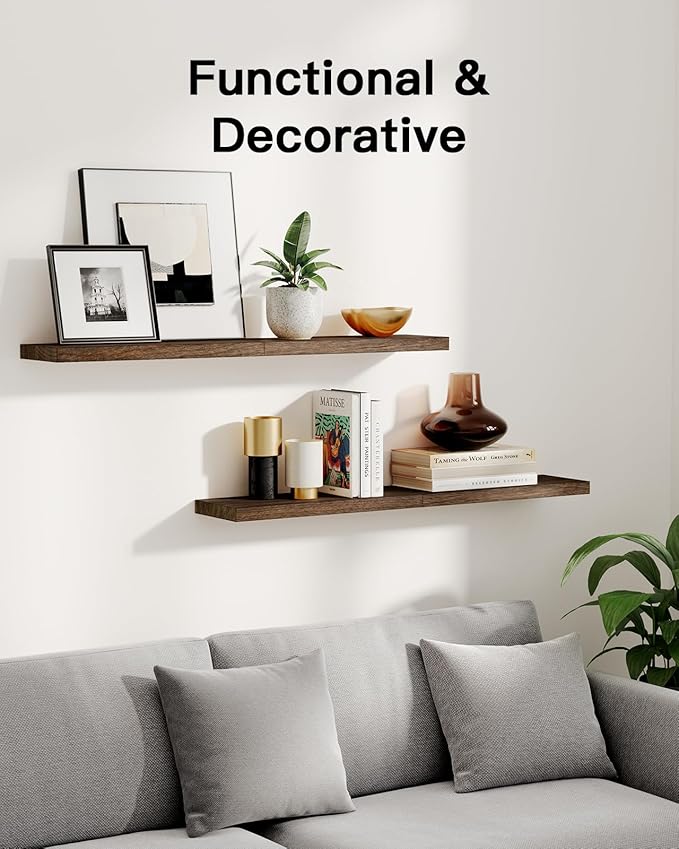 AMADA HOMEFURNISHING Floating Shelves, Paulownia Wood Wall Shelves for Bathroom/Living Room/Bedroom/Kitchen/Home Office, Natural Wood Floating Shelf for Home Storage & Organization, Set of 4, AMFS40BN