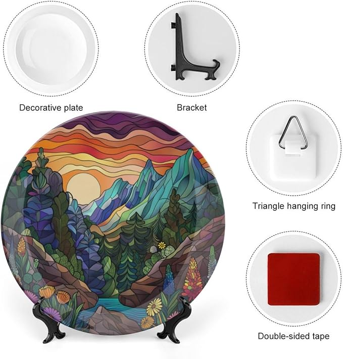 Stained Glass Theme Decorative Ceramic Plate Round Porcelain Plate,8 inch,Sunset Forest Stream Pattern,for Decorative Ornaments Giving Plates, 1 Plate with 1 Display Stand,Multicolor