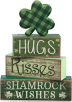 Lineshading 4 Pcs St. Patrick's Day Table Wooden Signs Hug Shamrocks Table Decoration Green St. Patrick Striped Tiered Tray Decor Irish Themed Centerpiece for Farmhouse Holiday Tabletop Home Decor