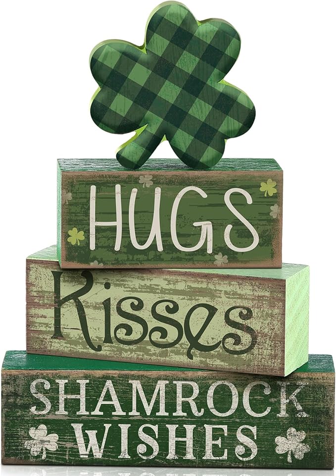 Lineshading 4 Pcs St. Patrick's Day Table Wooden Signs Hug Shamrocks Table Decoration Green St. Patrick Striped Tiered Tray Decor Irish Themed Centerpiece for Farmhouse Holiday Tabletop Home Decor
